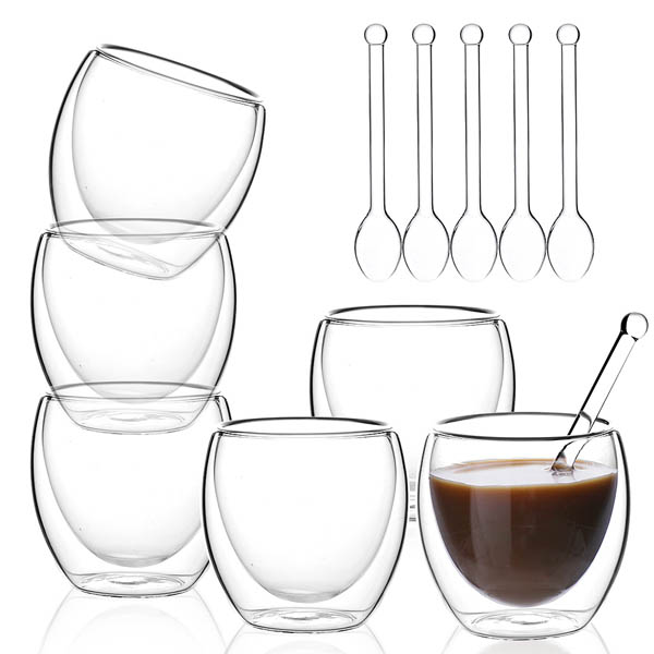 Solula ​Espresso Cups Double Wall Thermo Insulated Coffee Cups - Set of 6 Cups +6 Spoons 
