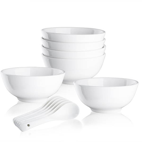 Solula ​22 OZ Porcelain Cereal / Soup Bowl Set Dinnerware Bowls - Set of 6 Bowls and 6 Spoons , White, Lead and Cadmium Free 